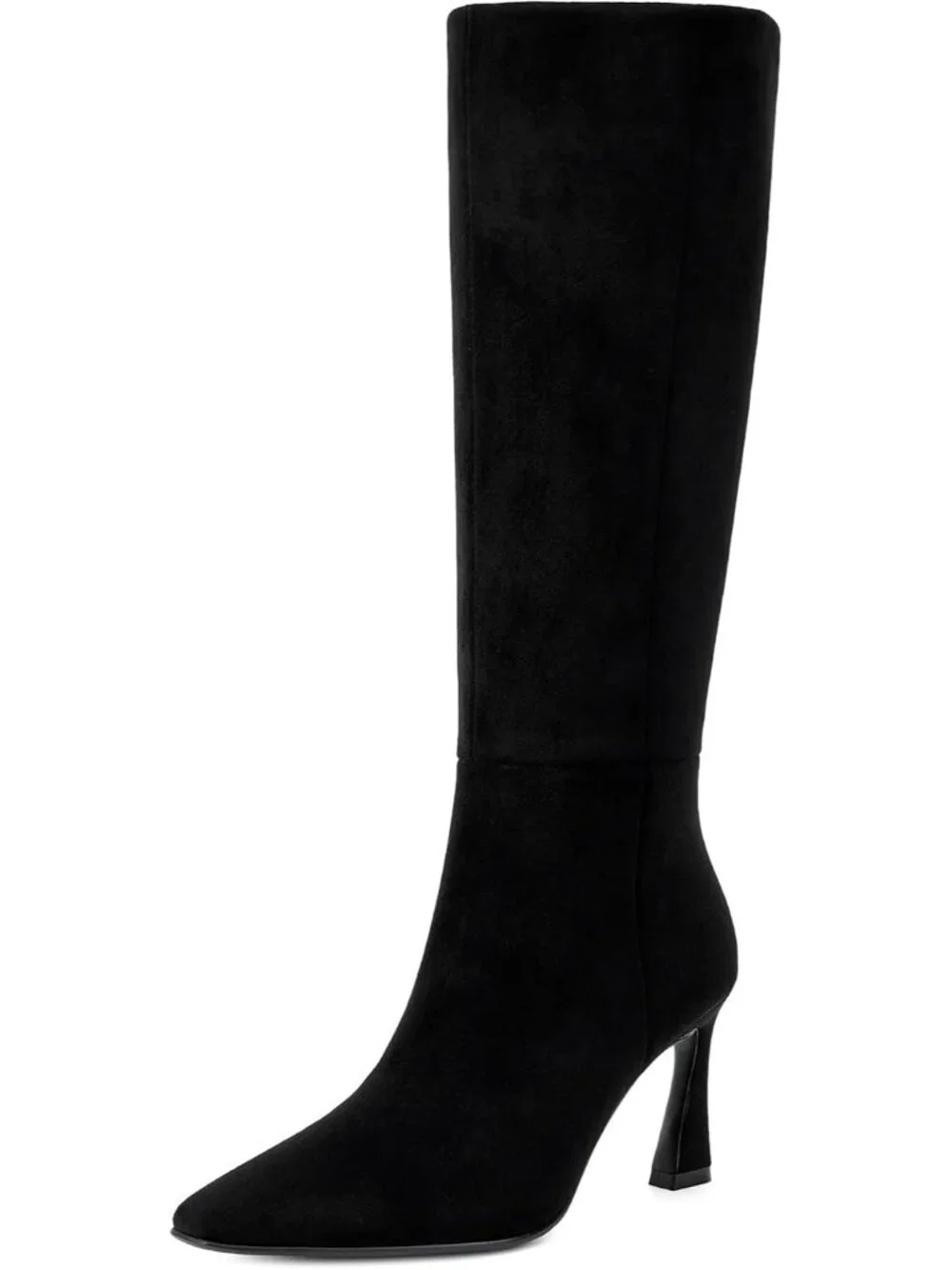 Women's Black Faux Suede Square Toe Side Zipper Fashion Heeled Tall Boots